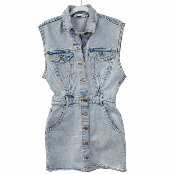 Zara Denim Mini Dress Small Button Front Sleeveless Jean Dress Y2K Casual Summer - Picture 2 of 7